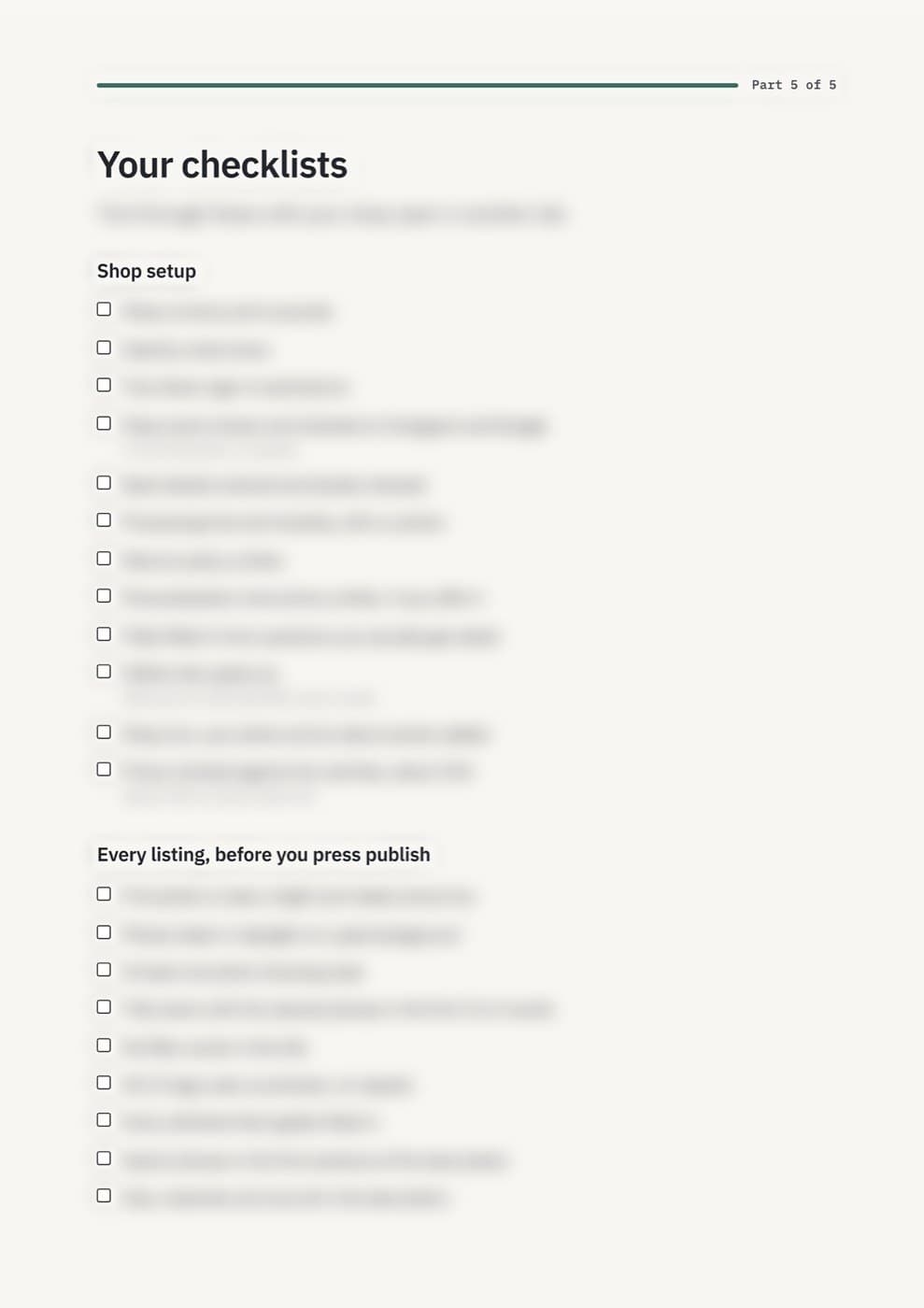 The checklists page, with the items blurred