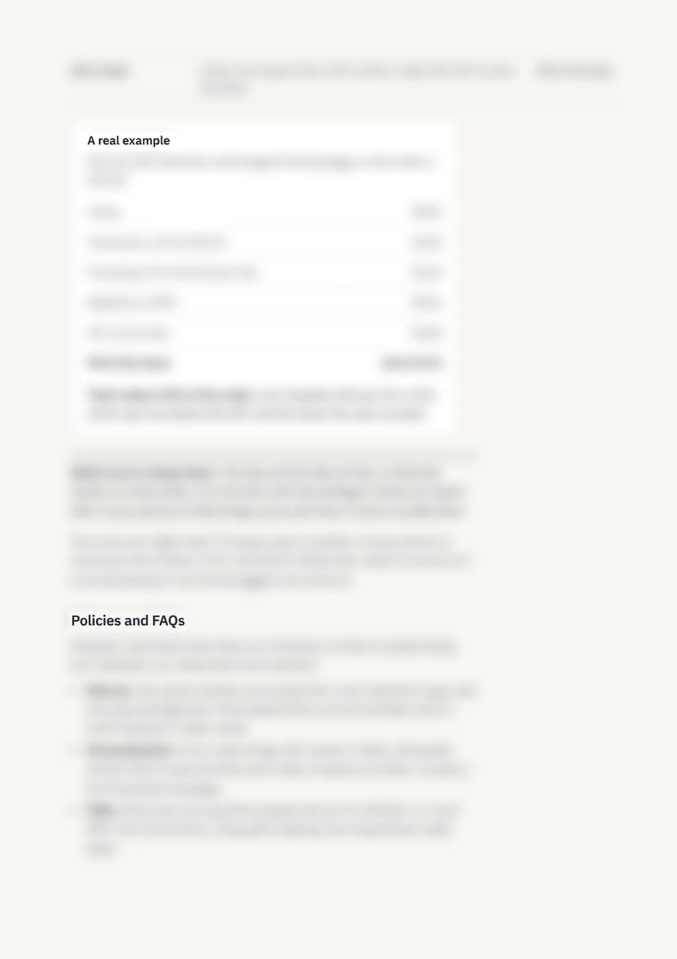 The fees page, with the body text blurred