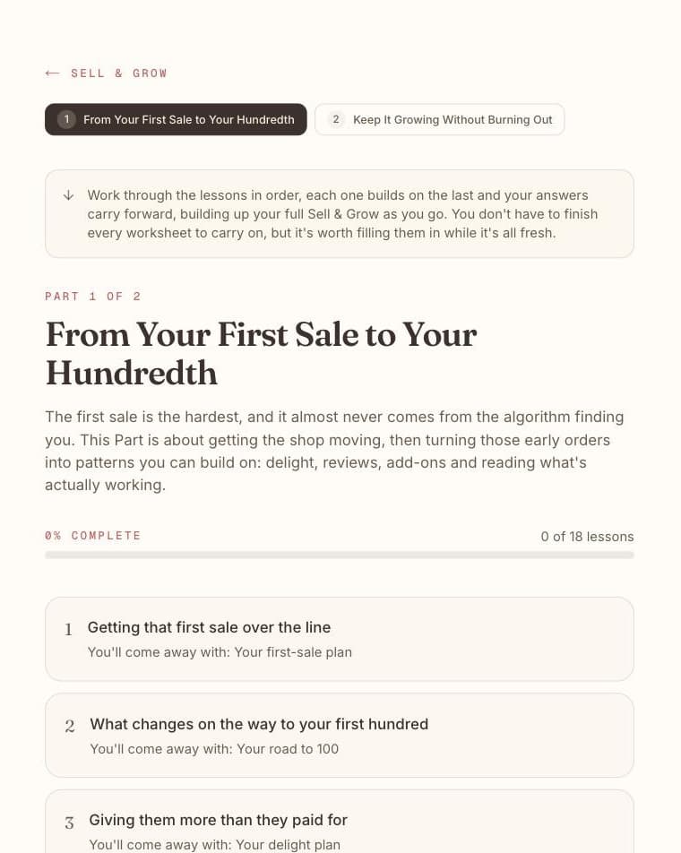 Part 1 of Sell and Grow: From Your First Sale to Your Hundredth, with its lessons listed.