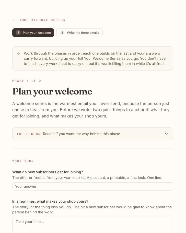 Phase 1 of The First 3 Emails: Plan your welcome, with the first worksheet questions.