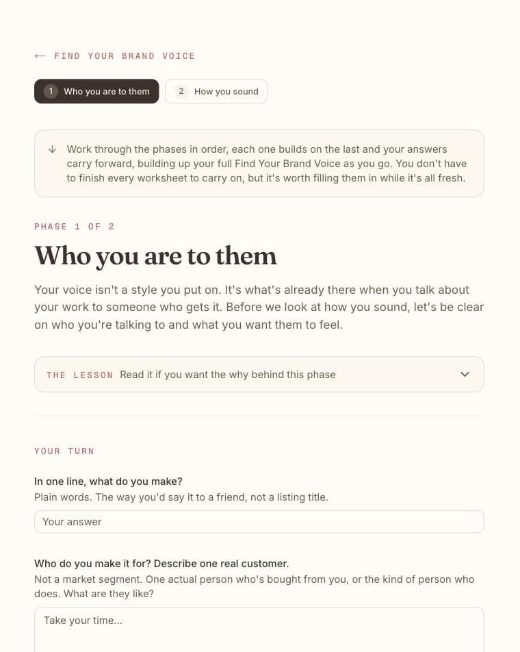 Phase 1 of Sound Like You: Who you are to them, with the first worksheet questions.