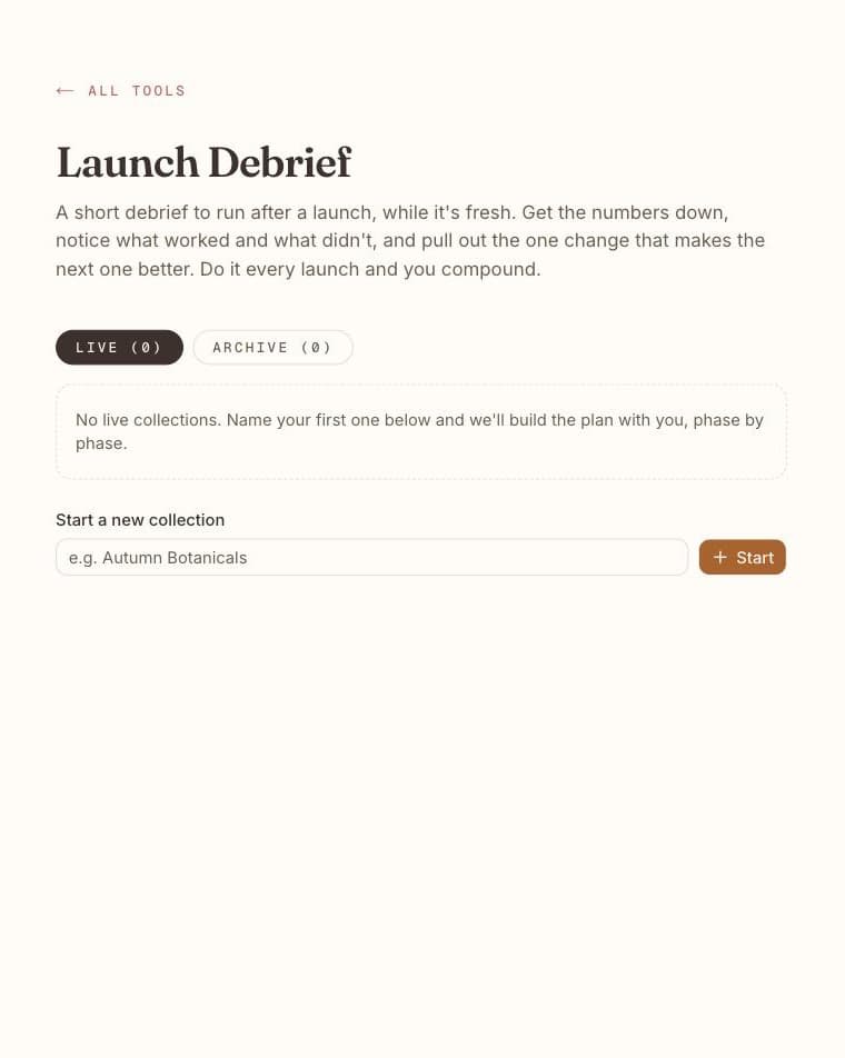 The After the Launch tool ready to start: name your launch and it builds the debrief with you, phase by phase.